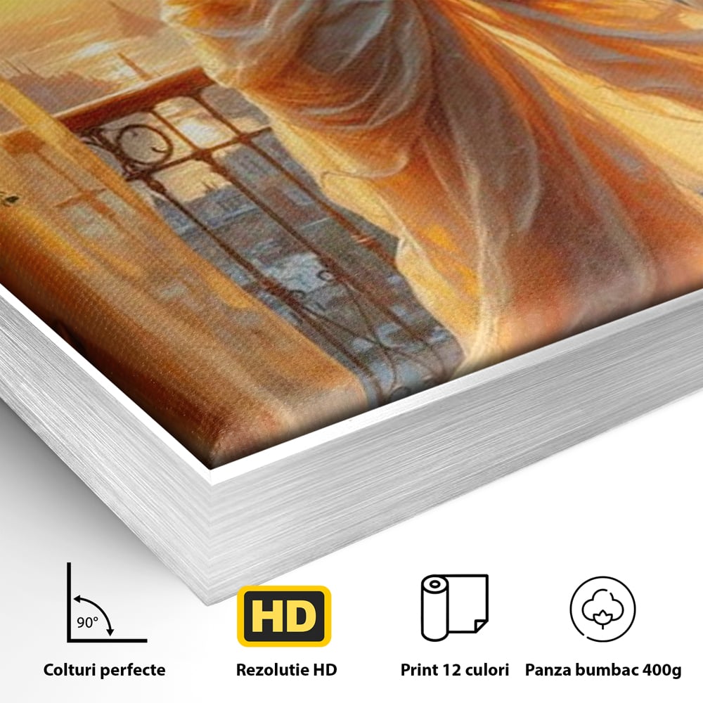Detaliu al suprafetei: tablou canvas cu femeie la fereastra, in rama de aluminiu argintiu